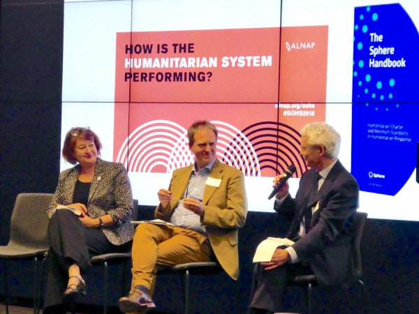 John, Paul Knox-Clarke (former ALNAP Head of Research) and Christine Knudsen (Director, Sphere) at a regional launch of the 4th State of the Humanitarian System report in Melbourne, 2018. © ALNAP